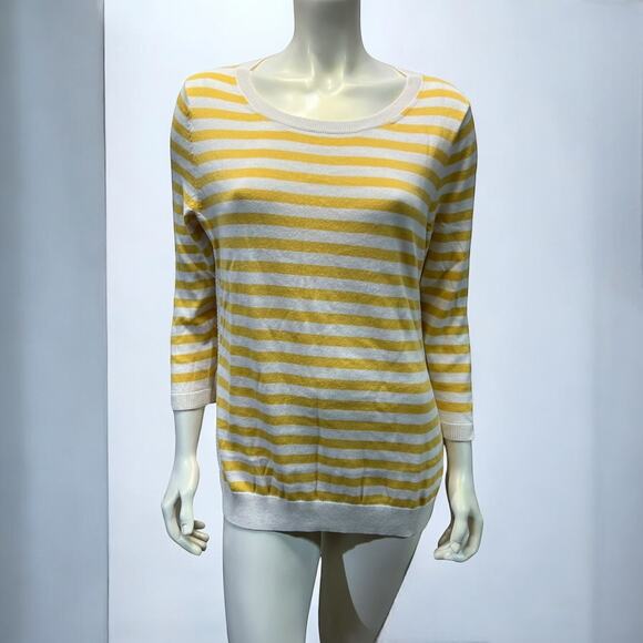Talbots Yellow White Striped Lightweight Sweater 3/4 Sleeve Size Large - Picture 1 of 13
